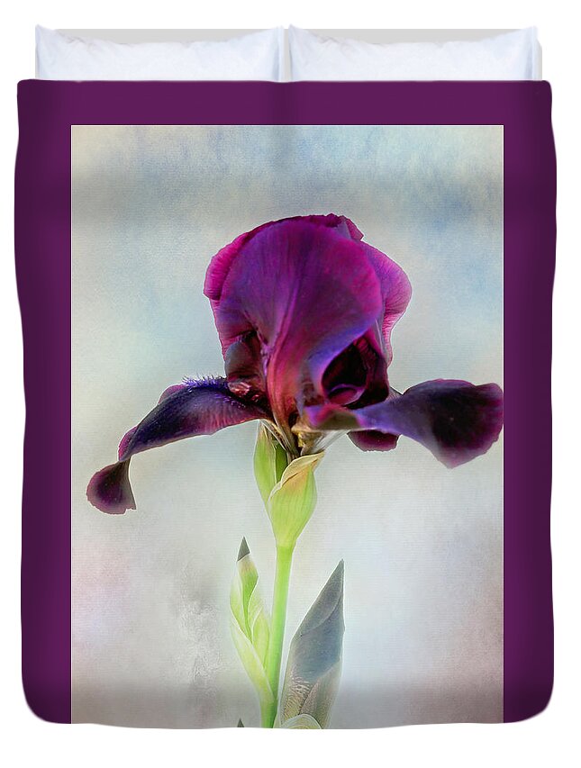 Black Iris Print Duvet Cover featuring the photograph Mystical Black Iris Print by Gwen Gibson