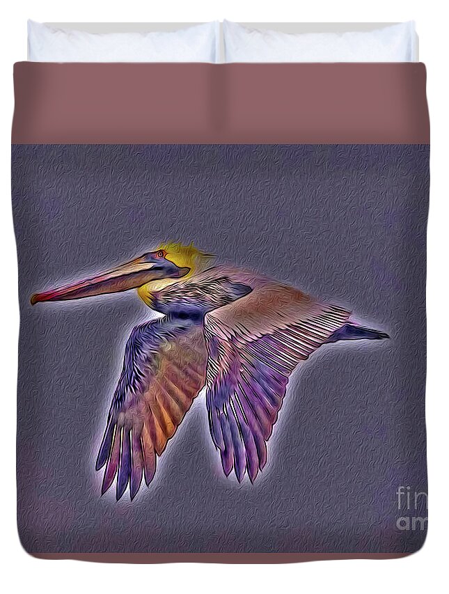 Brown Duvet Cover featuring the digital art Mystical Brown Pelican Soaring Spirit by DB Hayes