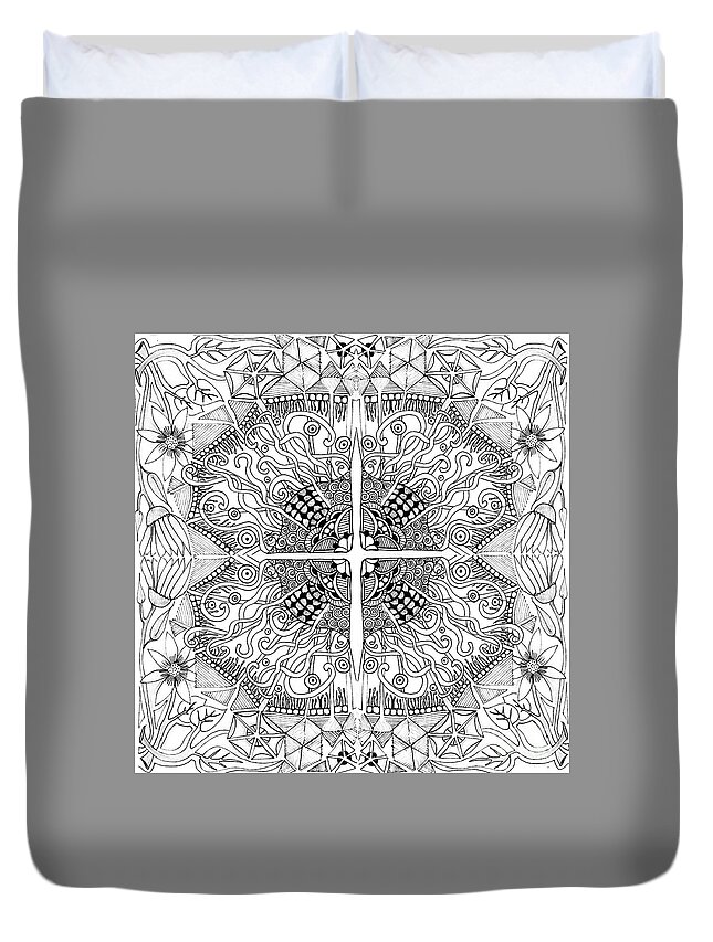 Zentangle Patterns Doodles Pen And Ink Duvet Cover featuring the tapestry - textile N S E W by Ruth Dailey