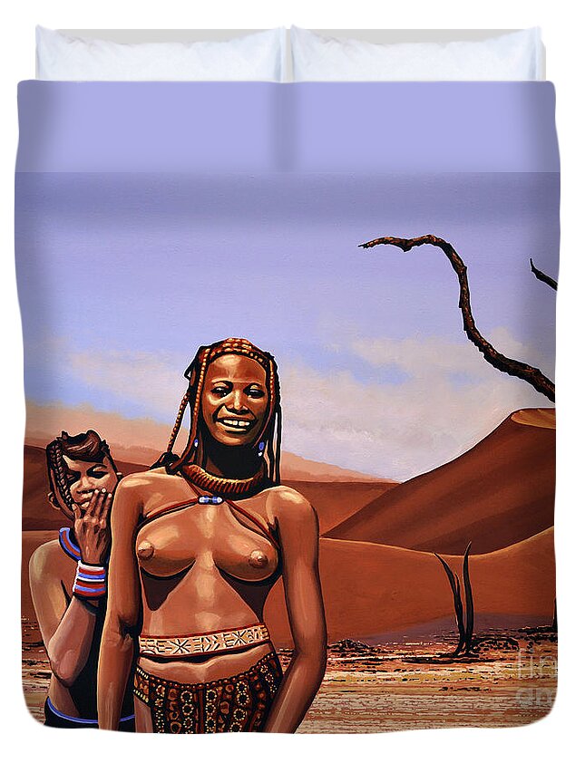 Namibia Duvet Cover featuring the painting Himba Girls Of Namibia by Paul Meijering