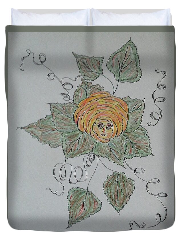 Abstract Roses Whimsical Fun Family Green Rose Yellow Rose Green Brown Orange Duvet Cover featuring the drawing Nana Rose Is Here by Sharyn Winters
