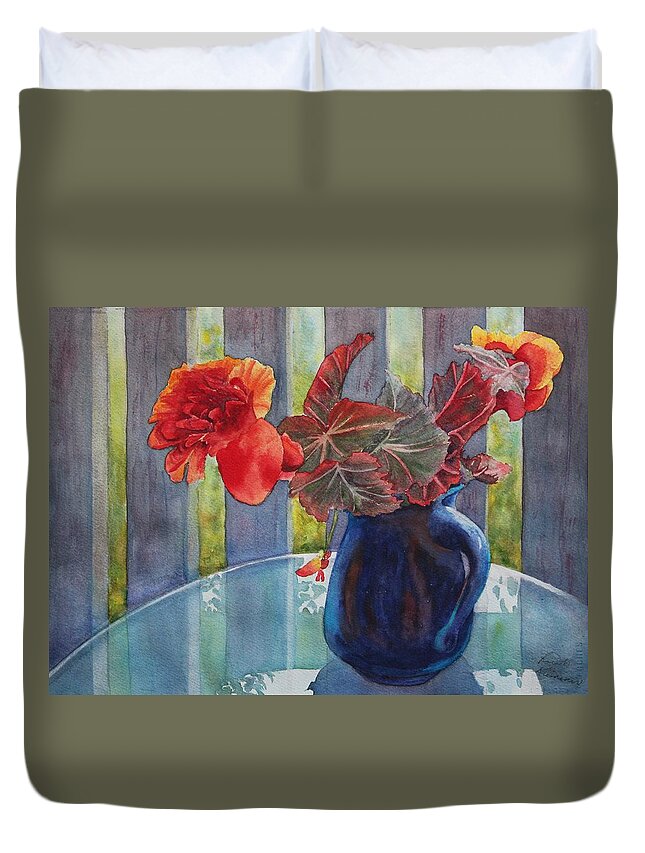 Blue Jug Duvet Cover featuring the painting Nancy's Begonias by Ruth Kamenev