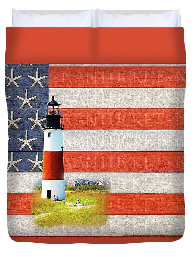 Nantucket Duvet Cover featuring the digital art Nantucket Flag with Sankaty Lighthouse by Barry Wills
