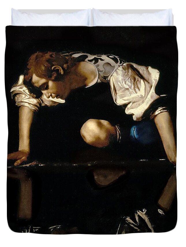 Narcissus Duvet Cover featuring the painting Narcissus by Caravaggio