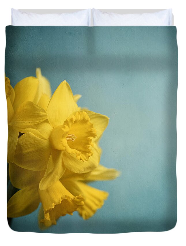 Narcissus Duvet Cover featuring the photograph Narcissus on blue background by Jelena Jovanovic