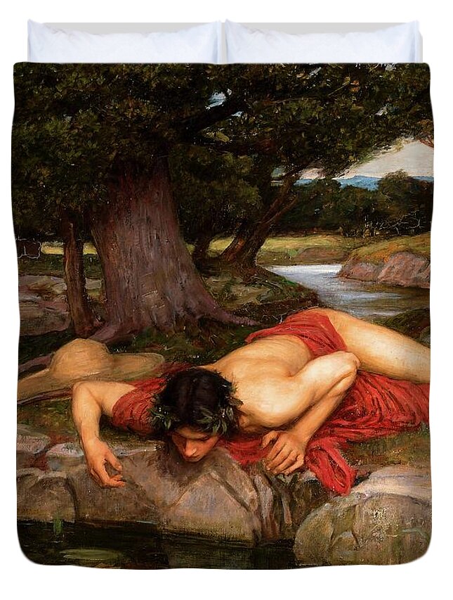 Narcissus Duvet Cover featuring the painting Narcissus by John William Waterhouse