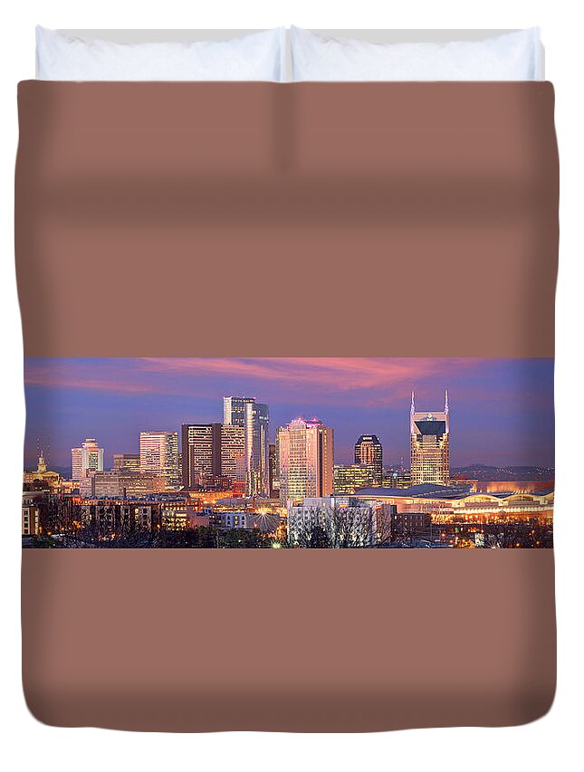 Nashville Duvet Cover featuring the photograph Nashville Skyline at Dusk 2018 1 to 4 Ratio Panorama Color by Jon Holiday