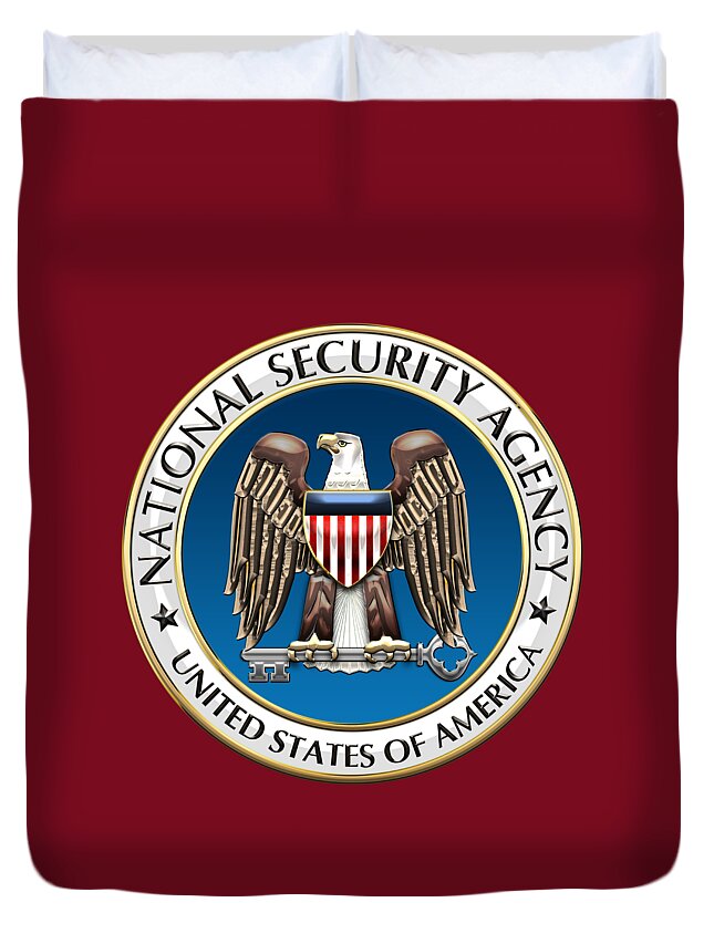 'military Insignia & Heraldry 3d' Collection By Serge Averbukh Duvet Cover featuring the digital art National Security Agency - N S A Emblem on Red Velvet by Serge Averbukh
