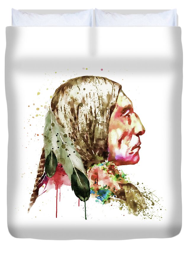 Marian Voicu Duvet Cover featuring the painting Native American Side Face by Marian Voicu