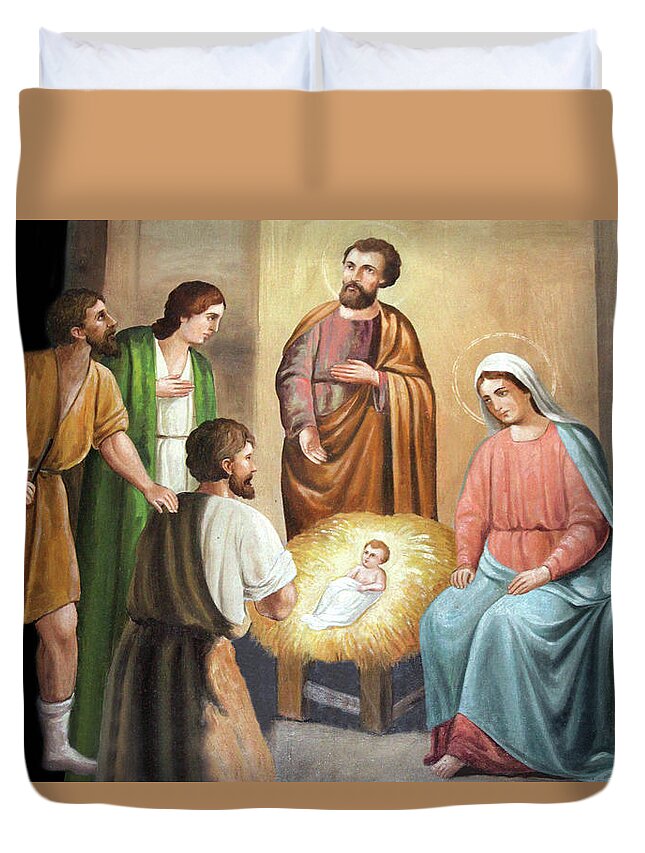 Nativity Duvet Cover featuring the photograph Nativity Scene Painting at Nativity Church by Munir Alawi