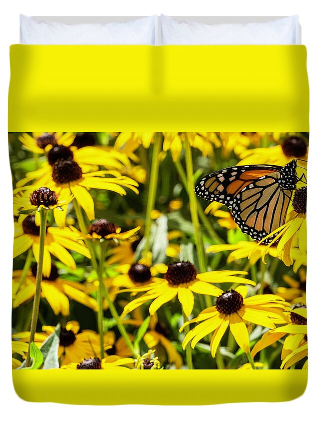 Wildlife Duvet Cover featuring the photograph Monarch Butterfly on Yellow Flowers by Jason Fink
