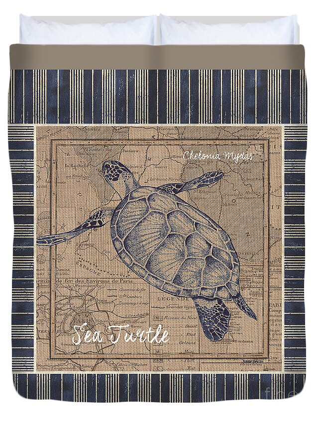 Sea Duvet Cover featuring the painting Nautical Stripes Sea Turtle by Debbie DeWitt