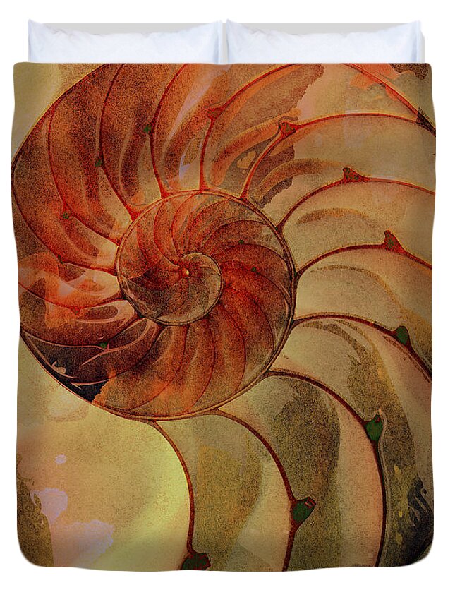 Clare Bambers Duvet Cover featuring the digital art Nautilus Shell Orange Brown by Clare Bambers