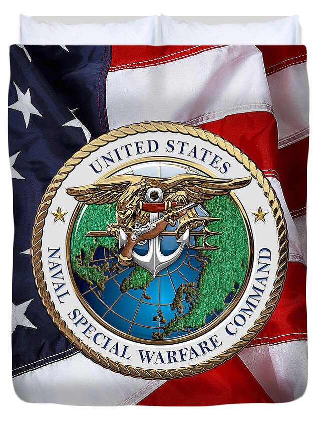 'military Insignia & Heraldry - Nswc' Collection By Serge Averbukh Duvet Cover featuring the digital art Naval Special Warfare Command - N S W C - Emblem over U. S. Flag by Serge Averbukh