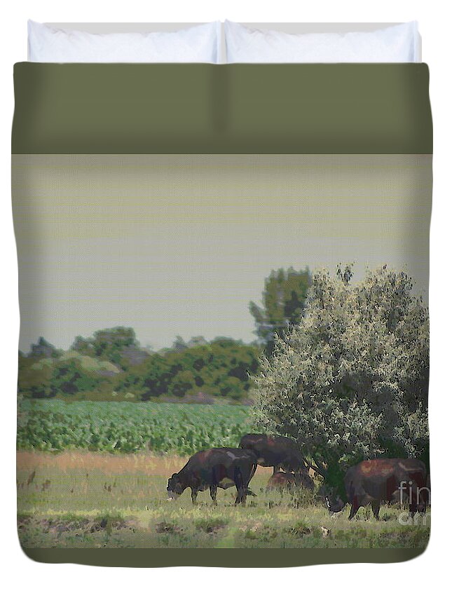 Nebraska Farm Life Duvet Cover featuring the photograph Nebraska Farm Life - Black Cows Grazing by Colleen Cornelius
