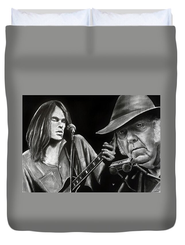 Portrait Duvet Cover featuring the drawing Neil Young and Neil Old by William Underwood