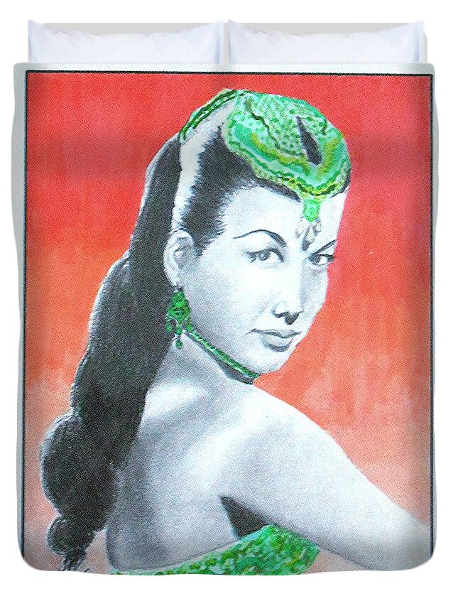 Belly Dancer Duvet Cover featuring the drawing Nejla -- Retro Portrait of Turkish Celebrity by Jayne Somogy