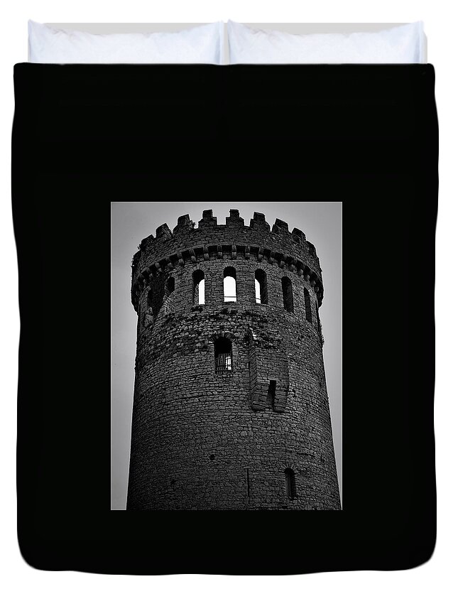Nenagh Duvet Cover featuring the photograph Nenagh Castle Tower BW by Teresa Mucha