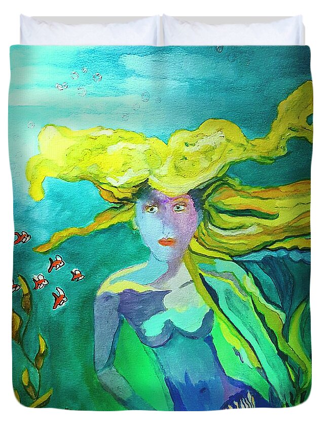 Floating Mermaid Hair Duvet Cover featuring the mixed media Neo Mermaid 1 by Pamela Smale Williams