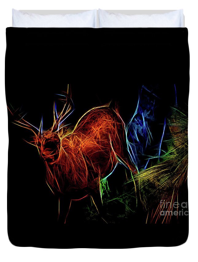 Animal Duvet Cover featuring the digital art Neon Buck by Ray Shiu