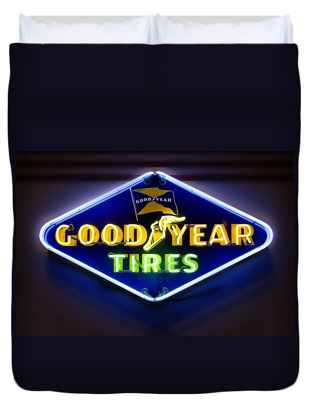 Transportation Duvet Cover featuring the photograph Neon Goodyear Tires Sign by Mike McGlothlen
