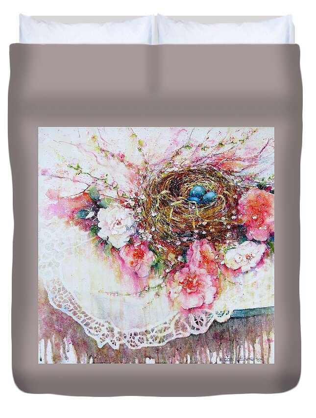 Robin Nest Duvet Cover featuring the painting Nest by Nicole Gelinas