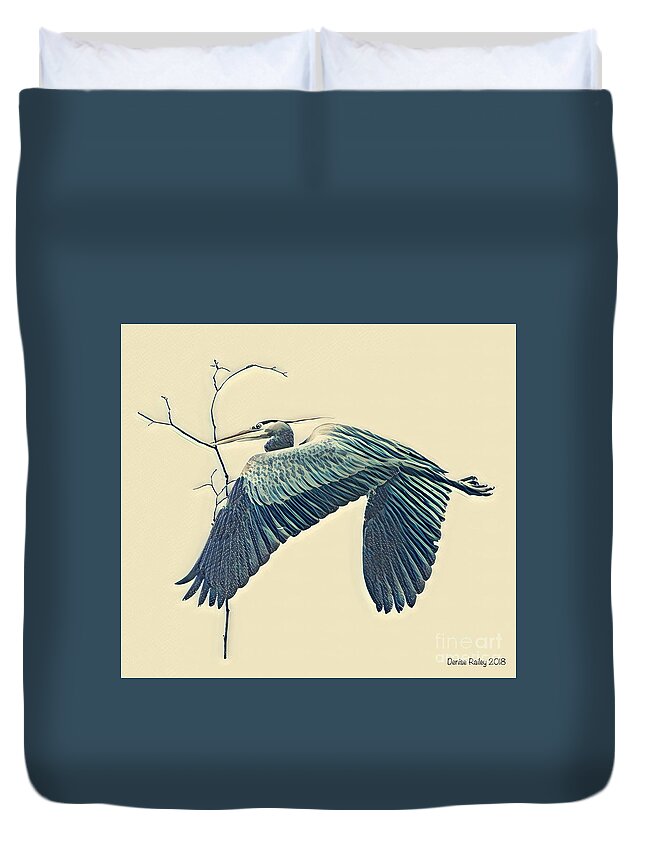 Heron Duvet Cover featuring the mixed media Nesting Heron by Denise Railey
