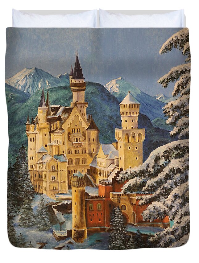 Germany Art Duvet Cover featuring the painting Neuschwanstein Castle in Winter by Charlotte Blanchard