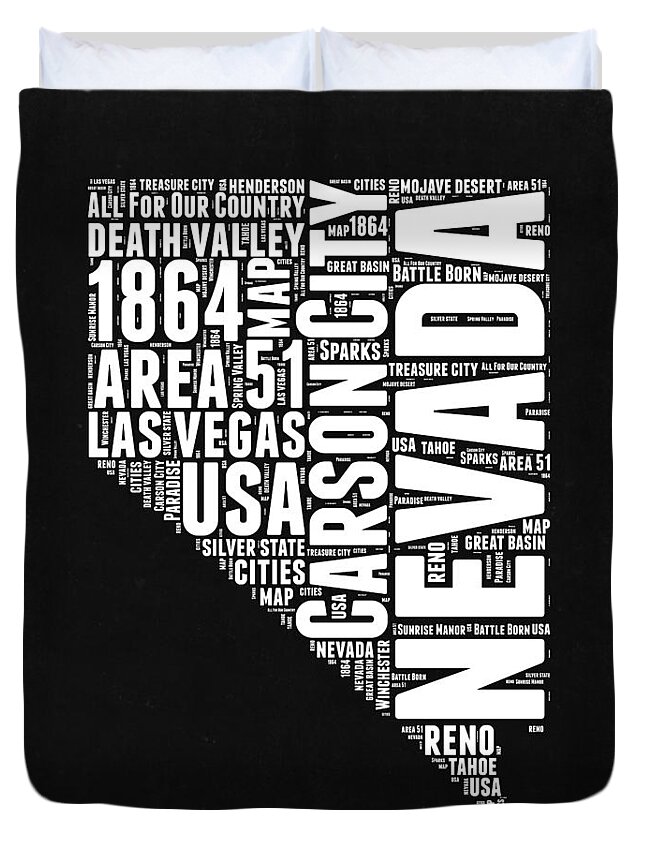 Nevada Duvet Cover featuring the digital art Nevada Word Cloud Black and White Map by Naxart Studio