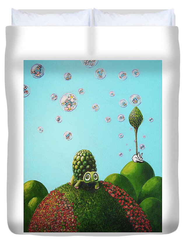 Turtle Duvet Cover featuring the painting Never Give Up by Mindy Huntress
