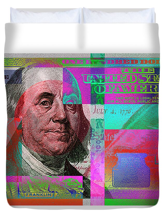 'paper Currency' Collection By Serge Averbukh Duvet Cover featuring the digital art New 2009 Series Pop Art Colorized US One Hundred Dollar Bill No. 3 by Serge Averbukh
