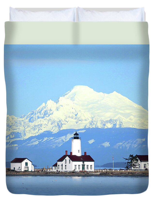 New Dungeness Lighthouse Duvet Cover featuring the photograph New Dungeness Lighthouse - Mount Baker by Marie Jamieson