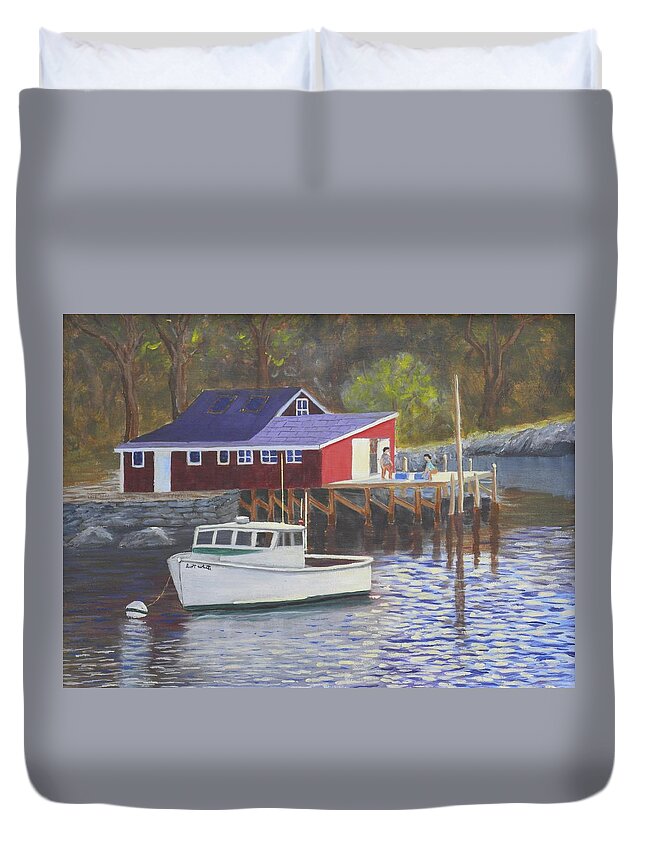 New Harbor Lobster Boat Water Reflexions Ocean Building Mooring Dock Duvet Cover featuring the painting New Harbor Sunrise by Scott W White
