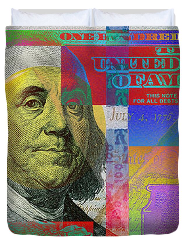 Visual Art Pop By Serge Averbukh Duvet Cover featuring the photograph New Pop-colorized One Hundred US Dollar Bill by Serge Averbukh