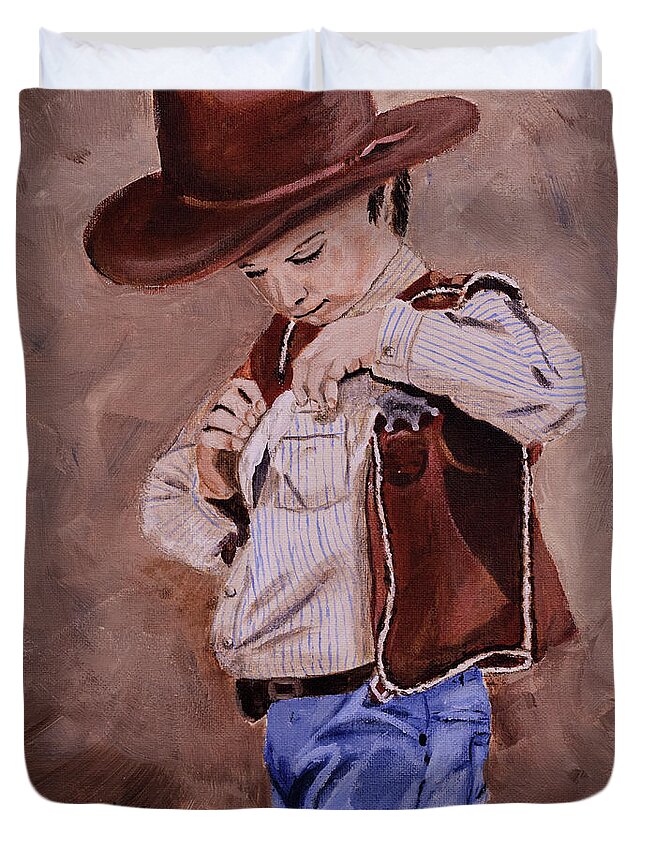 Cowboy Duvet Cover featuring the painting New Sheriff in Town by Jackie MacNair