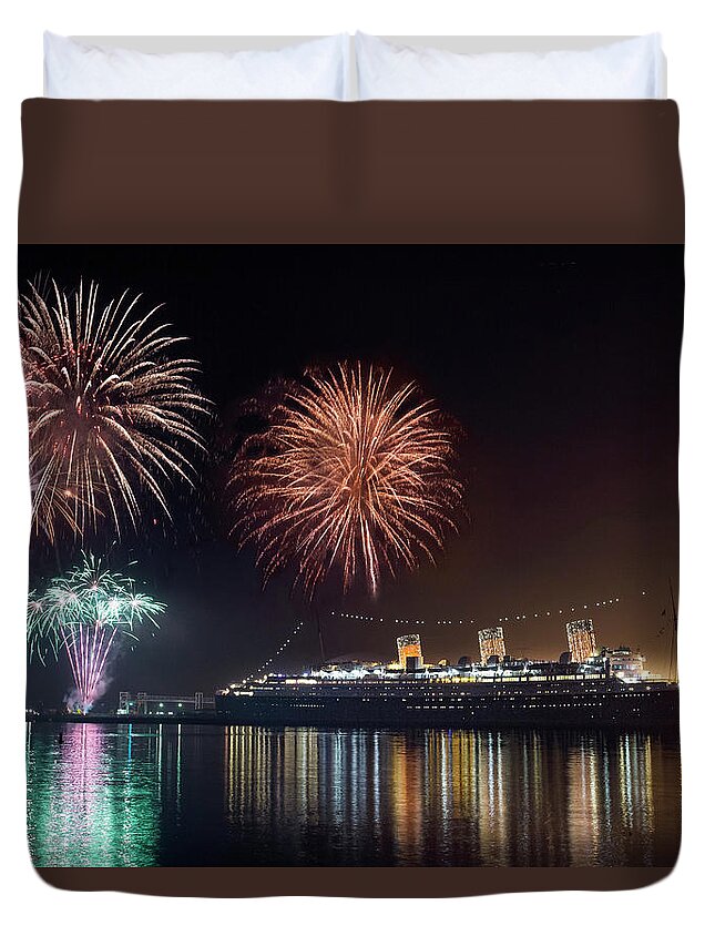 Rms Queenmary Duvet Cover featuring the photograph New Years with The Queen Mary by Denise Dube