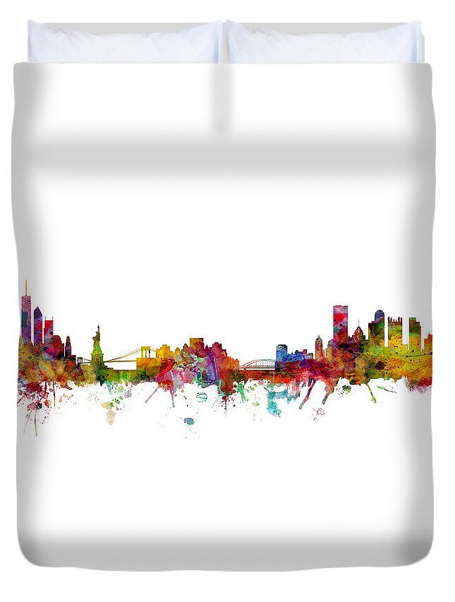 Pittsburgh New York Mashup Duvet Cover featuring the digital art New York and Pittsburgh Skyline Mashup by Michael Tompsett