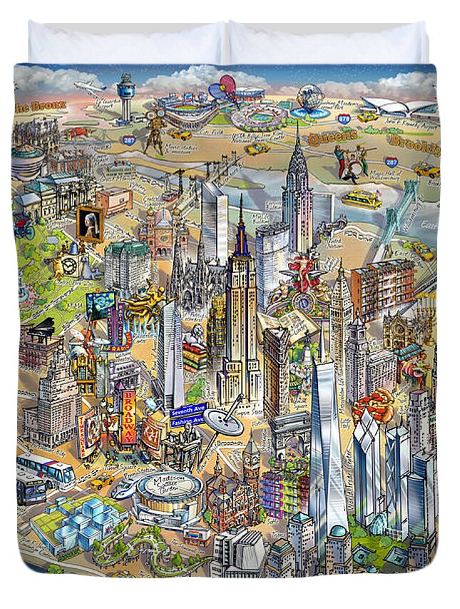 Manhattan Duvet Cover featuring the painting New York City Illustrated Map by Maria Rabinky
