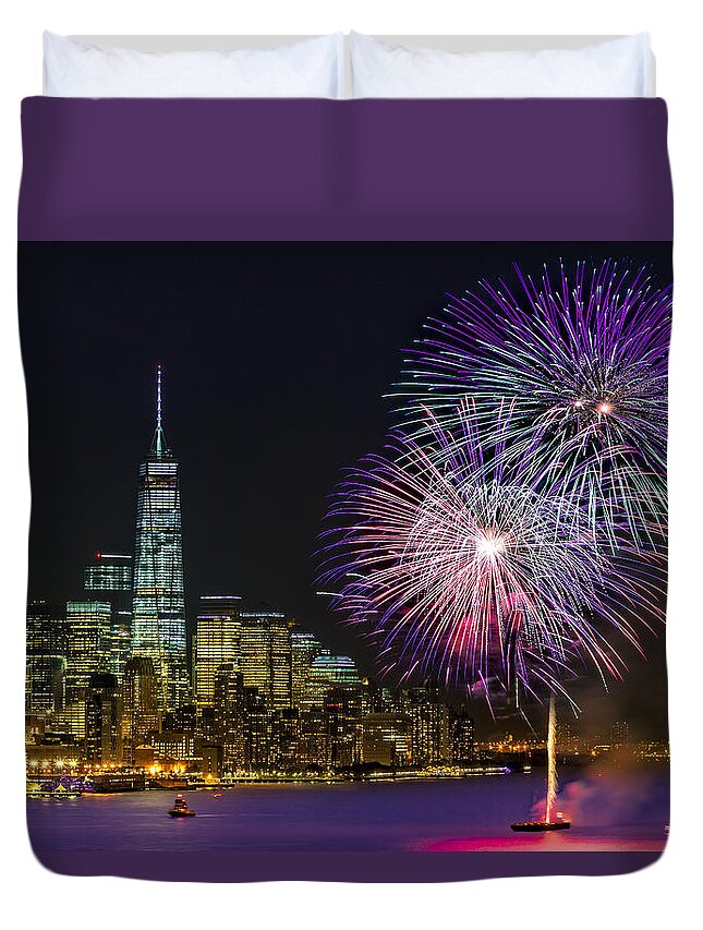 Fireworks Duvet Cover featuring the photograph New York City Summer Fireworks by Susan Candelario