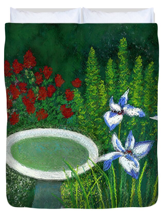 Birdbath Duvet Cover featuring the painting Nice Day for a Bath by Ginny Neece
