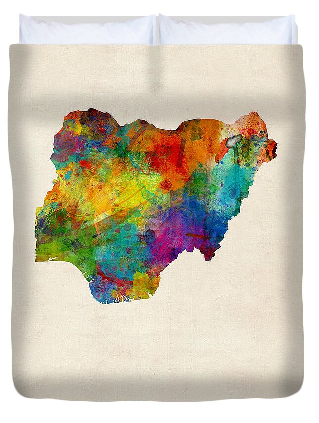 Map Art Duvet Cover featuring the digital art Nigeria Watercolor Map by Michael Tompsett