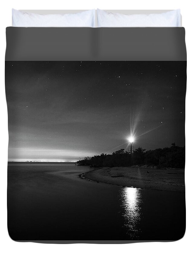 Sanibel Island Duvet Cover featuring the photograph Night At The Sanibel Lighthouse In Black and White by Greg and Chrystal Mimbs