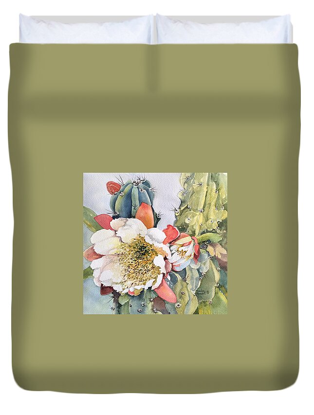 Cactus Duvet Cover featuring the painting Night Bloomimg Cactus by Marilyn Clement