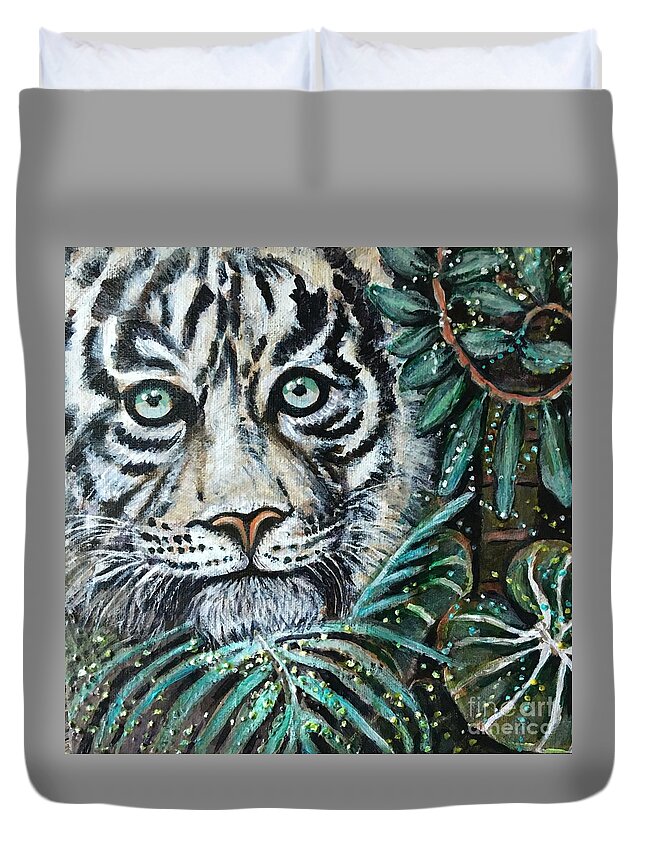 White Tiger Duvet Cover featuring the painting Night Exploration by Linda Markwardt