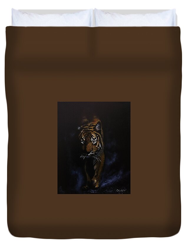 Tiger Duvet Cover featuring the painting Night Hunter by Jean Yves Crispo