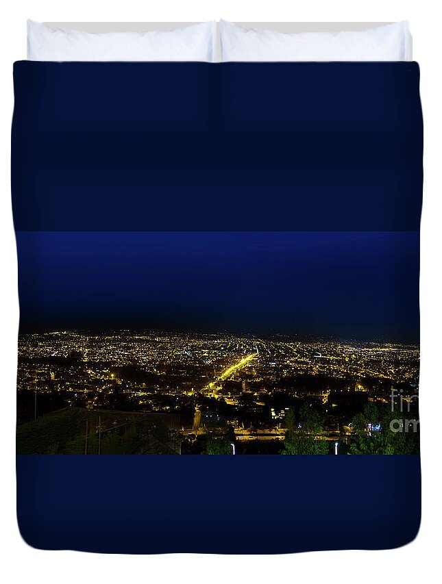 Night Duvet Cover featuring the photograph Night Panorama of Cuenca, Ecuador II by Al Bourassa