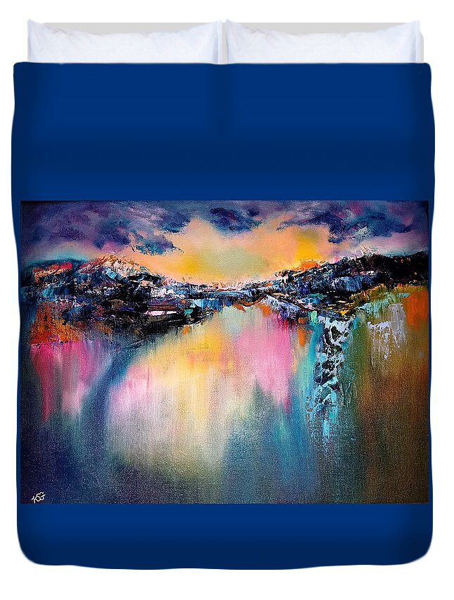 Mixed Media Duvet Cover featuring the painting Night Reflections by Kim Shuckhart Gunns