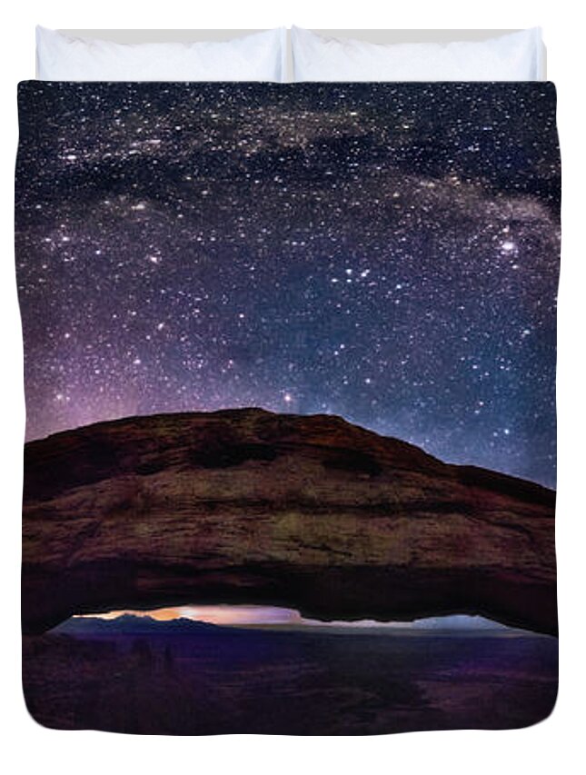Lena Owens Duvet Cover featuring the digital art Night Sky Over Mesa Arch Utah by Lena Owens - OLena Art Vibrant Palette Knife and Graphic Design