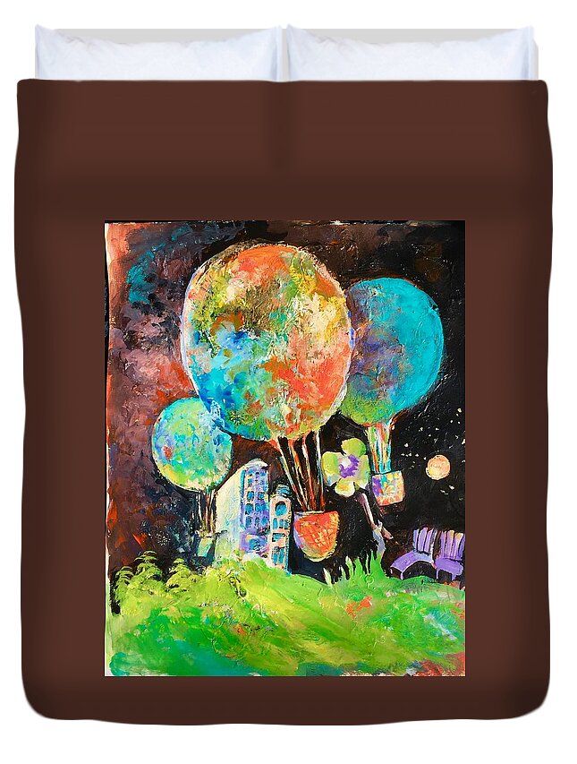 Night Time Soaring Ballons Duvet Cover featuring the painting Night Soaring by Caroline Patrick