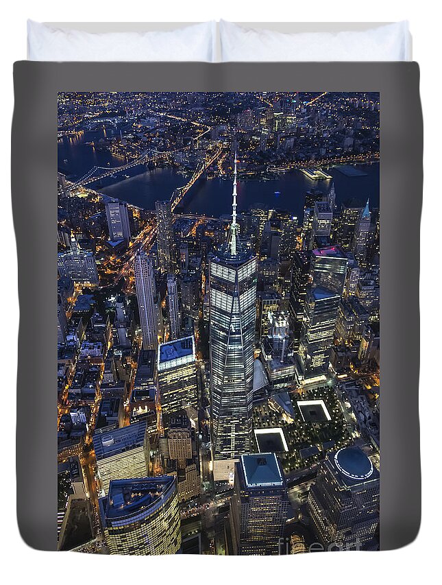 1 Wtc Duvet Cover featuring the photograph Nighttime Aerial View of 1 WTC by Roman Kurywczak